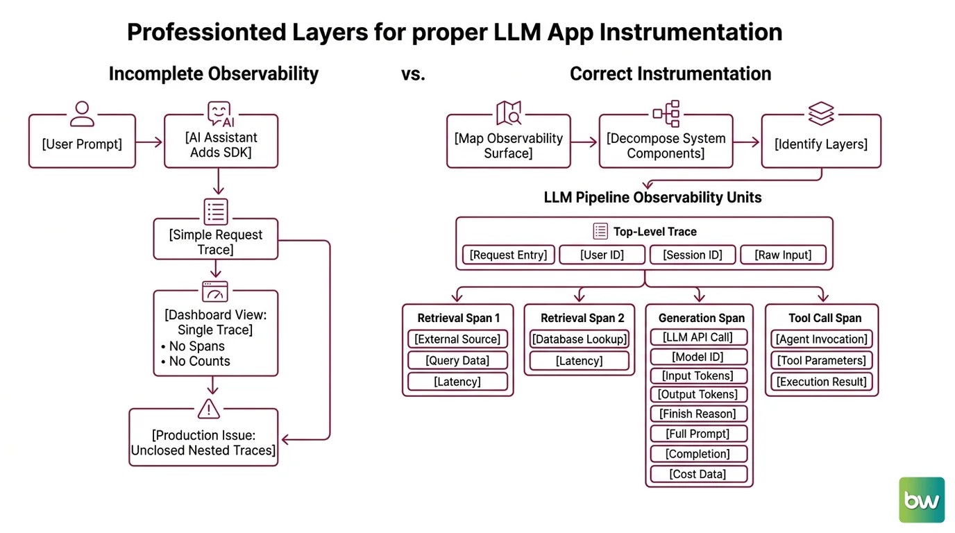 Four-layer LLM observability specification: top-level trace entry point, retrieval spans, generation spans with token metadata, and tool call spans with error tagging