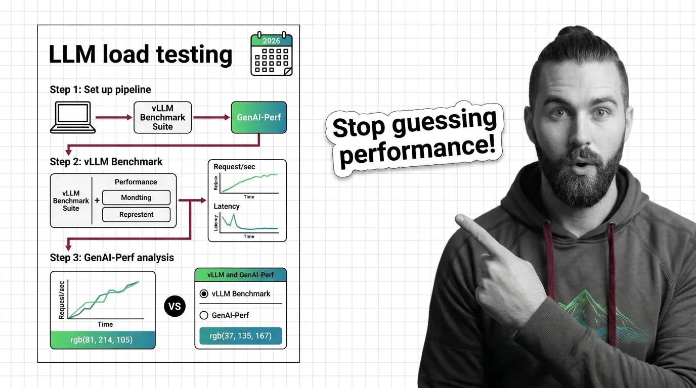 vLLM load testing pipeline diagram with TTFT, ITL, and throughput metrics across concurrency levels and traffic shape
