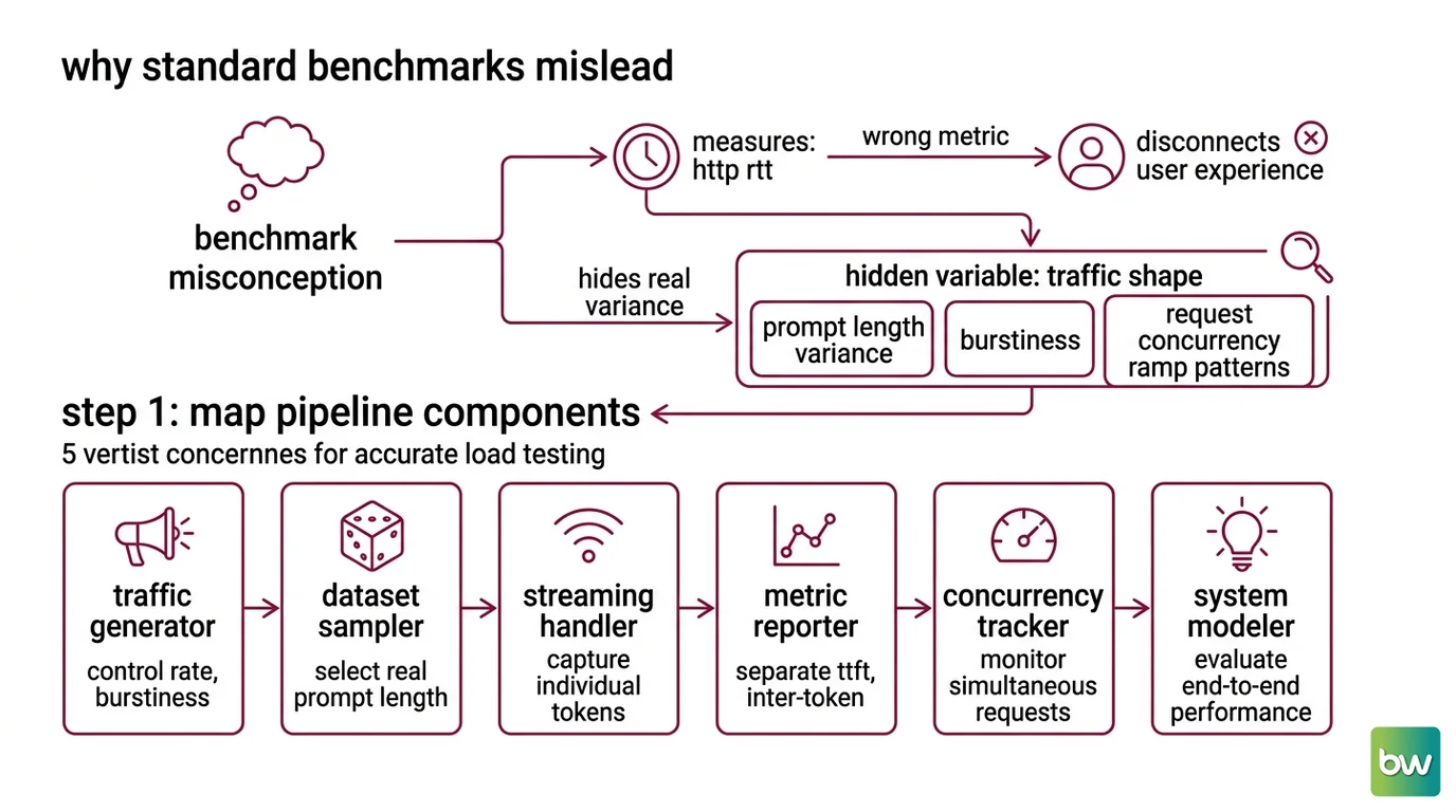 Five-component LLM load testing pipeline from traffic generator through metric collector to p99 result analyzer with tool sequence