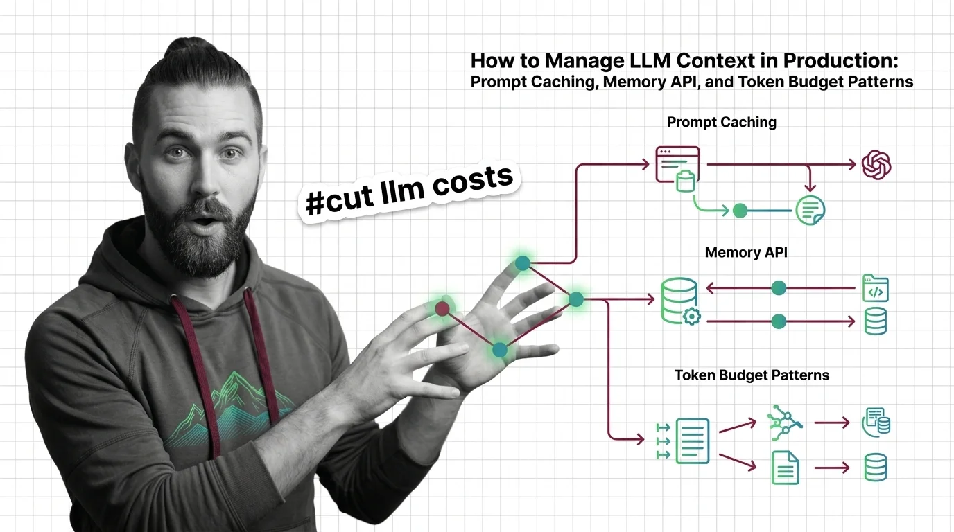Schematic of an LLM context window divided into labeled budget zones: system prompt, history, retrieved docs, output