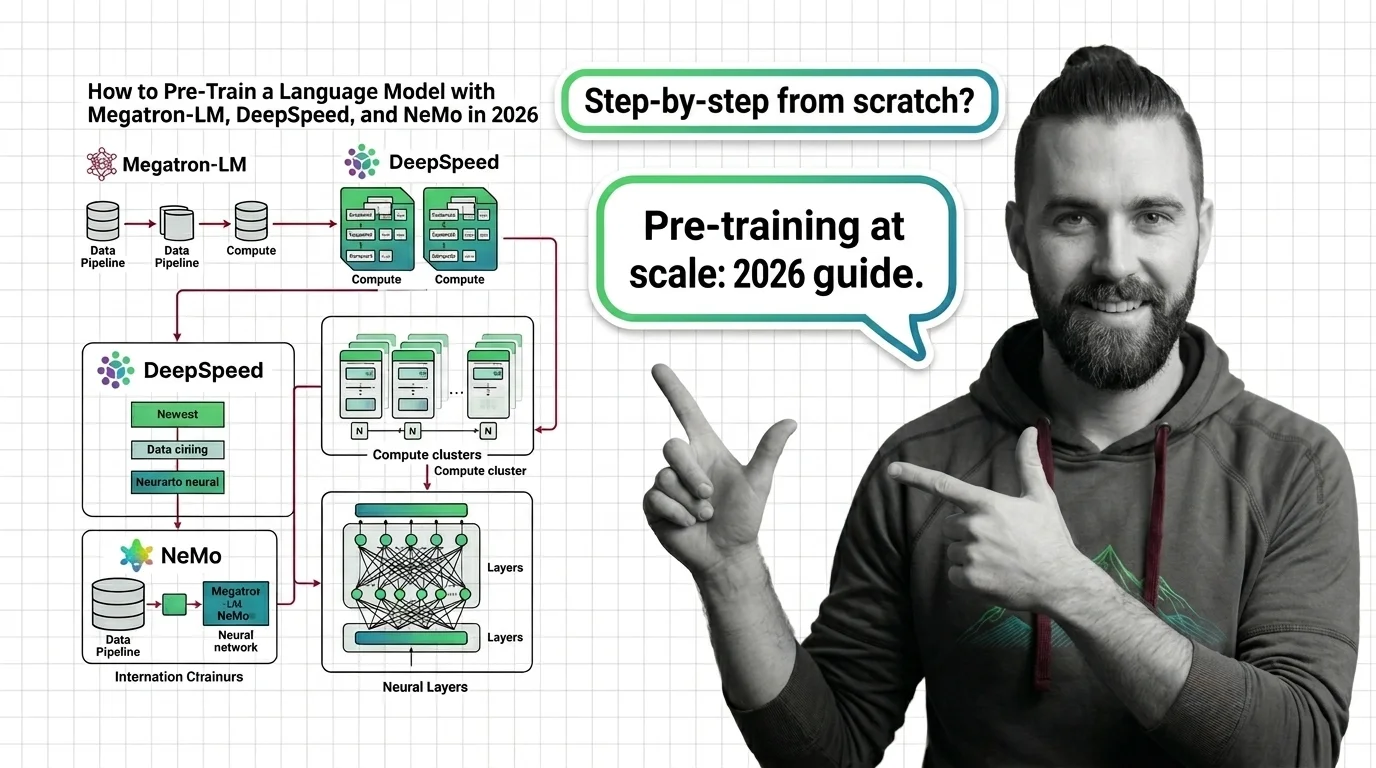Distributed GPU cluster diagram showing tensor and pipeline parallelism layers during language model pre-training