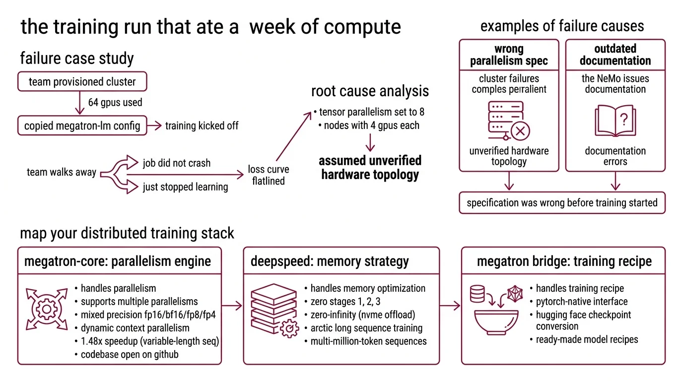 Four-layer pre-training stack diagram showing data pipeline, model definition, parallelism config, and validation gates across distributed GPUs