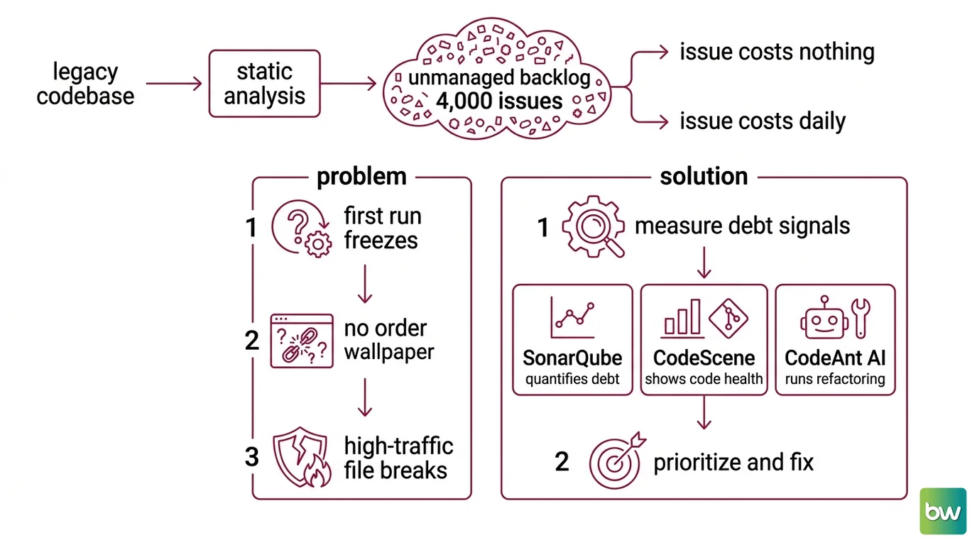 A three-layer debt system: SonarQube static quality, CodeScene hotspot ranking, and a CI/CD gate blocking new debt.