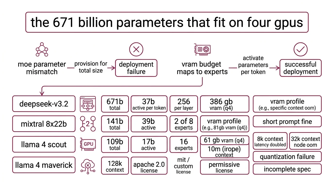 Four-step MoE deployment flow from hardware mapping through expert parallelism to LoRA fine-tuning and routing validation