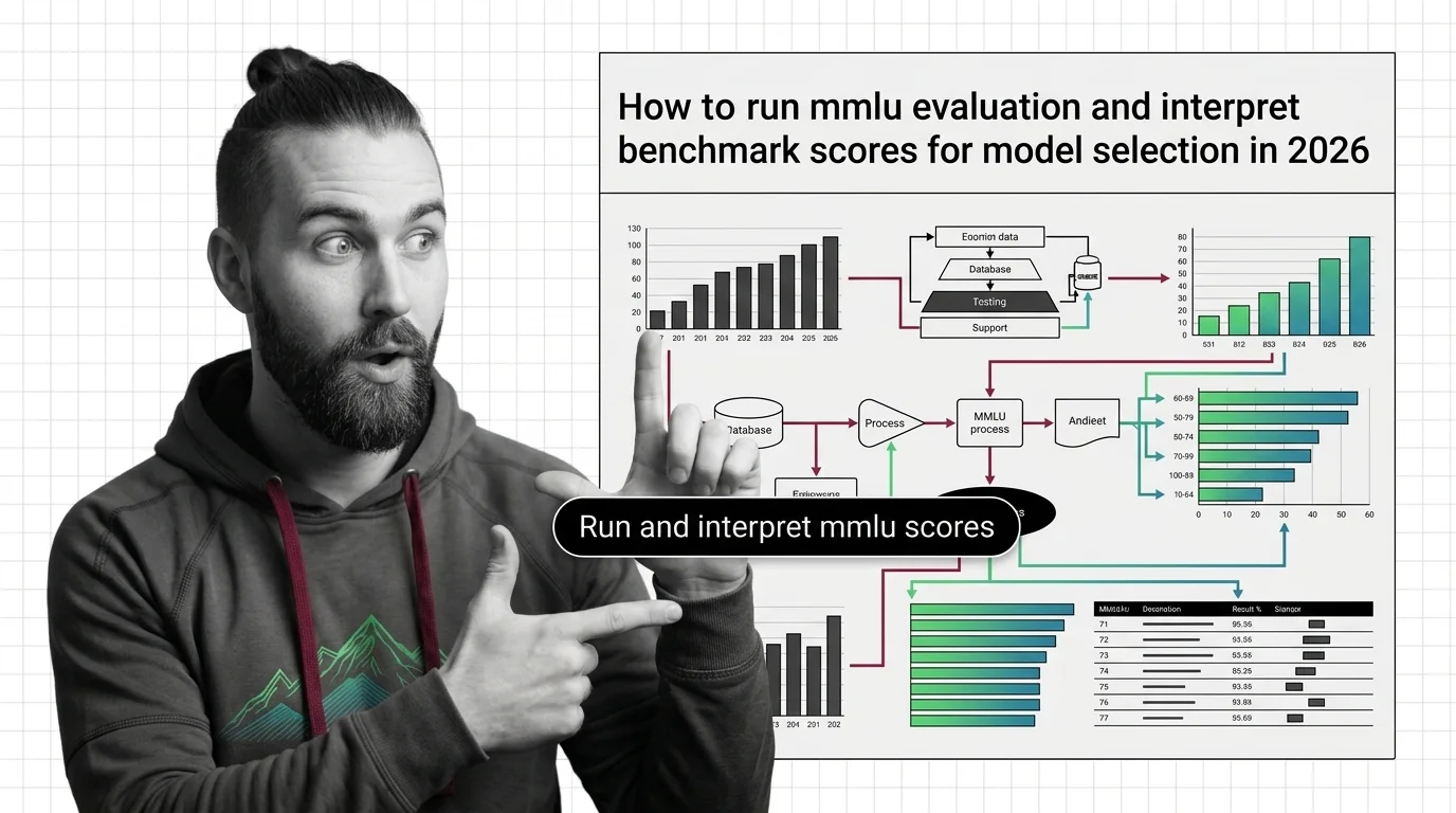 Terminal screen displaying MMLU benchmark evaluation results alongside score comparison charts across model categories