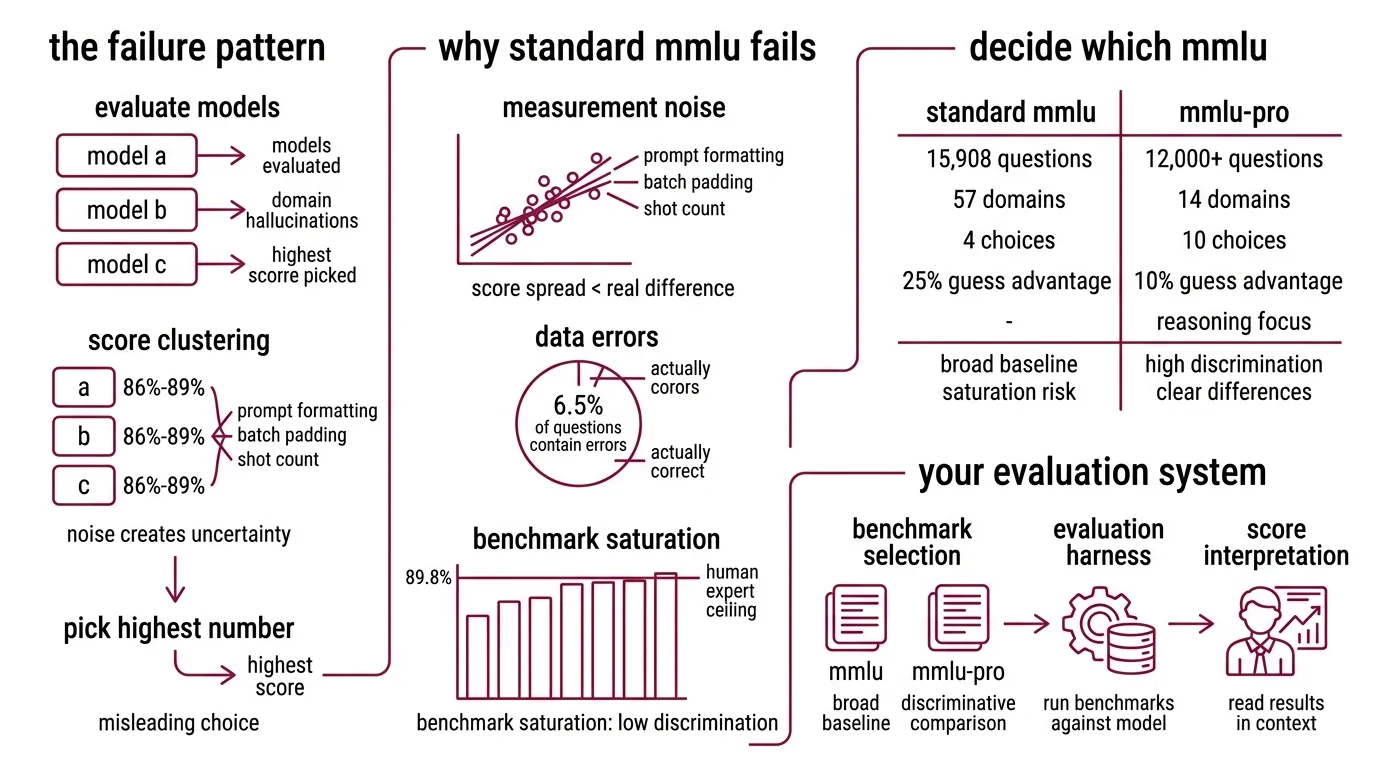 Flowchart showing MMLU evaluation pipeline from benchmark selection through configuration, execution, and score interpretation with decision gates
