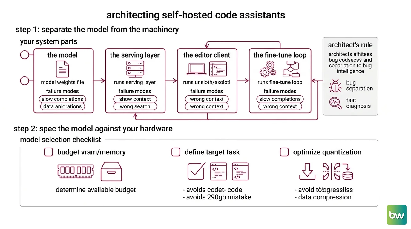 The four-layer self-hosted code LLM stack — model, Ollama server, VS Code client, fine-tune loop — with the failure mode each layer owns
