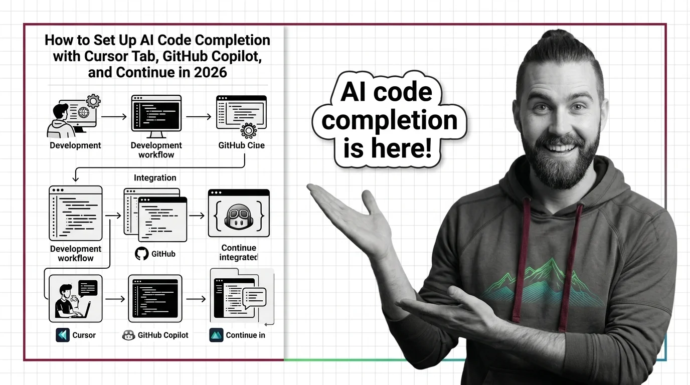 Side-by-side AI code completion editors showing Cursor Tab, GitHub Copilot, and a self-hosted Continue stack