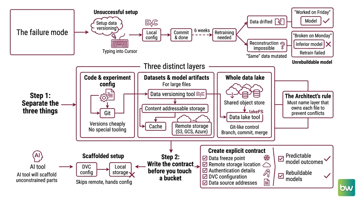 How Git, DVC cache, S3 remote, and lakeFS branches connect so every model run traces back to its exact data snapshot