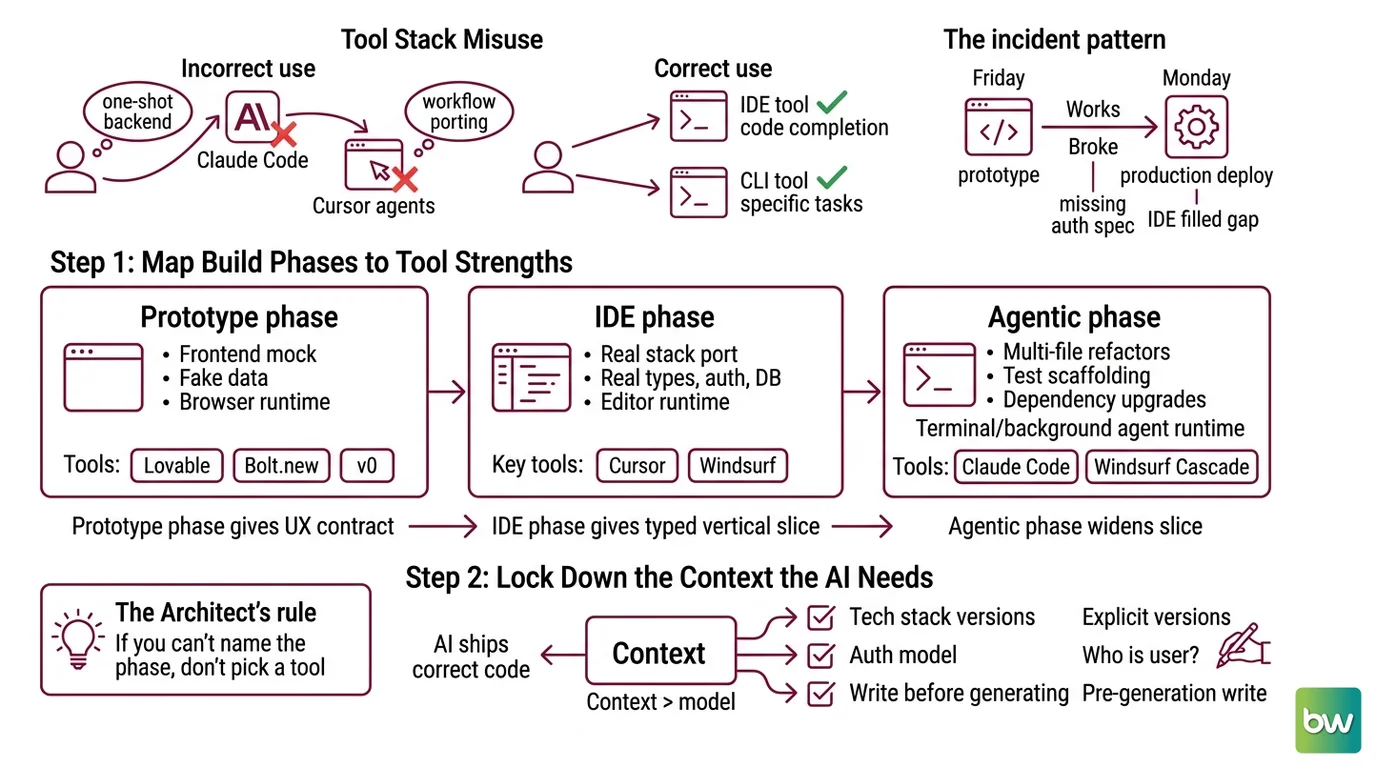 Three-phase production build pipeline showing prototype, IDE, and agentic stages with the AI coding tool best suited to each