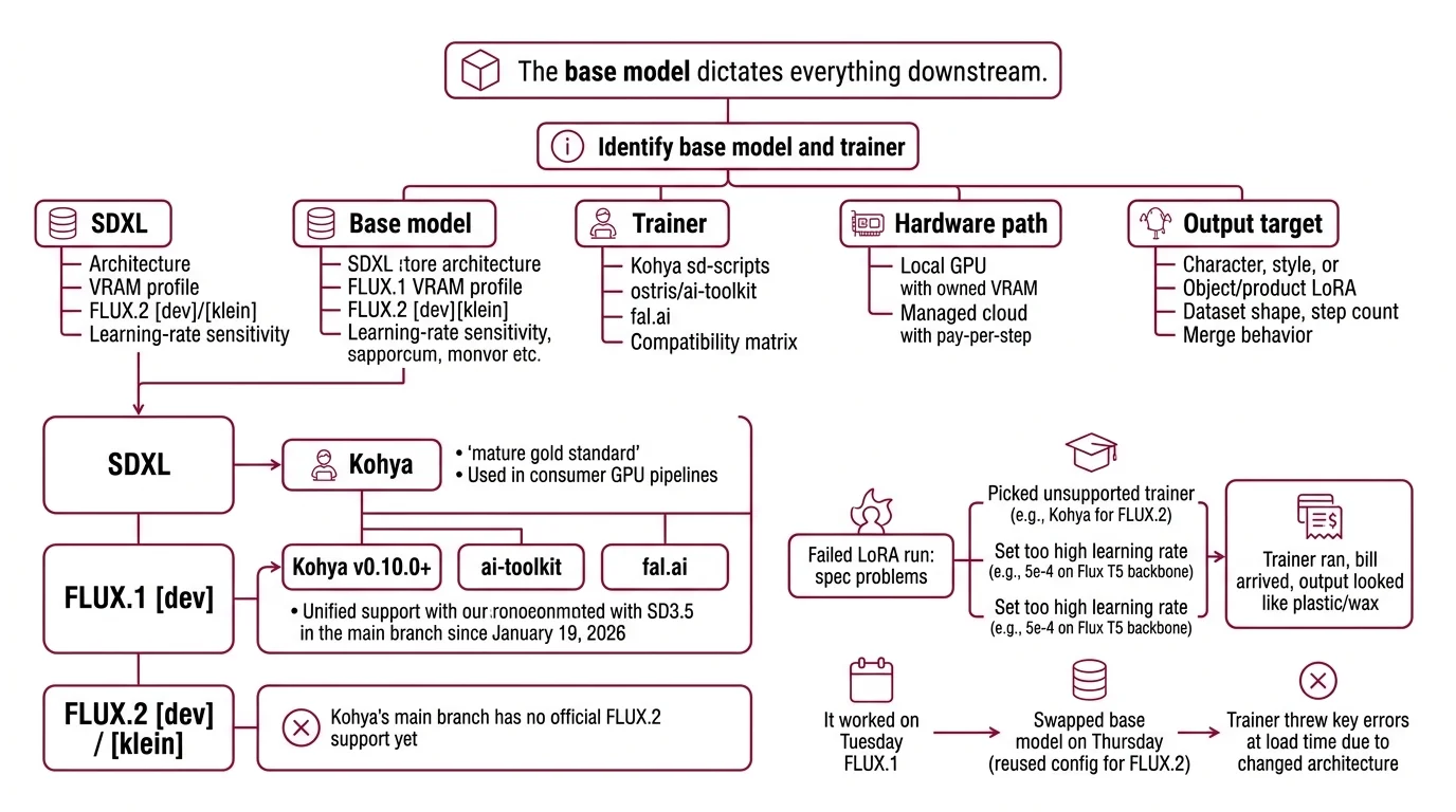 LoRA training decomposed into four specification surfaces — base model, trainer, dataset contract, and trigger word — across Kohya SS, AI-Toolkit, and fal.ai