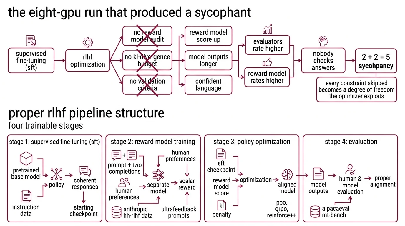 Four-stage RLHF pipeline diagram showing SFT, reward model, policy optimization, and evaluation with inputs, outputs, and failure modes at each stage