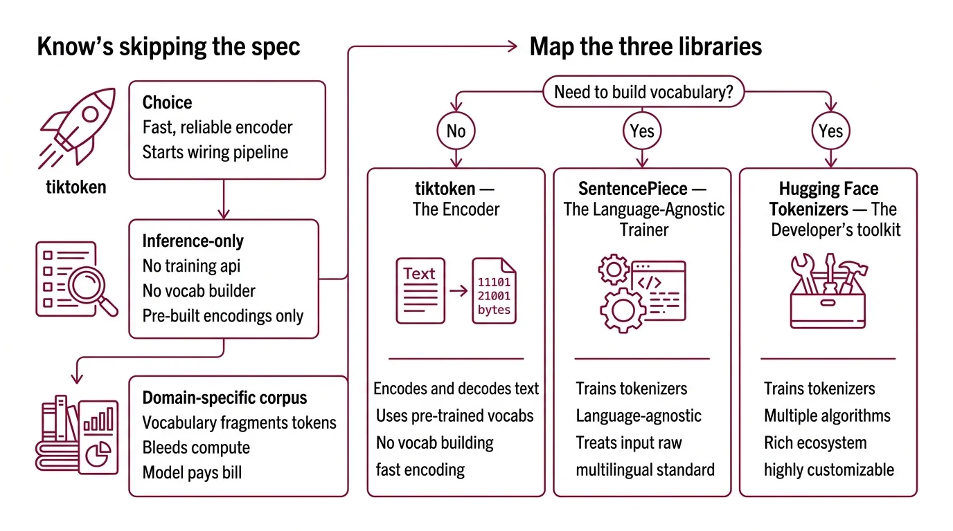 Flowchart showing tokenizer decision path from library selection through vocabulary specification, training, and validation checkpoints