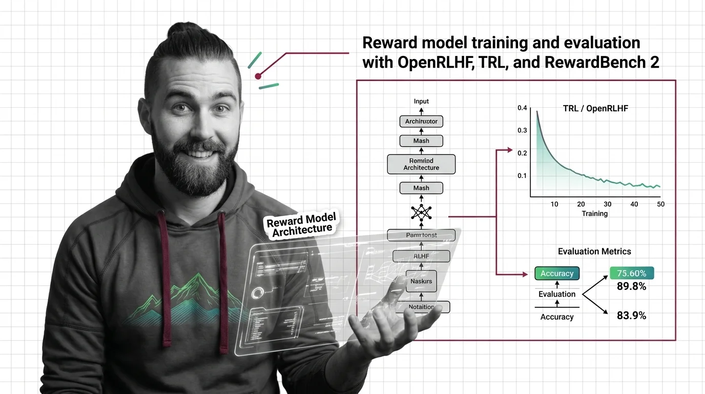 Technical blueprint showing reward model training pipeline with data flowing from preference pairs through evaluation gates