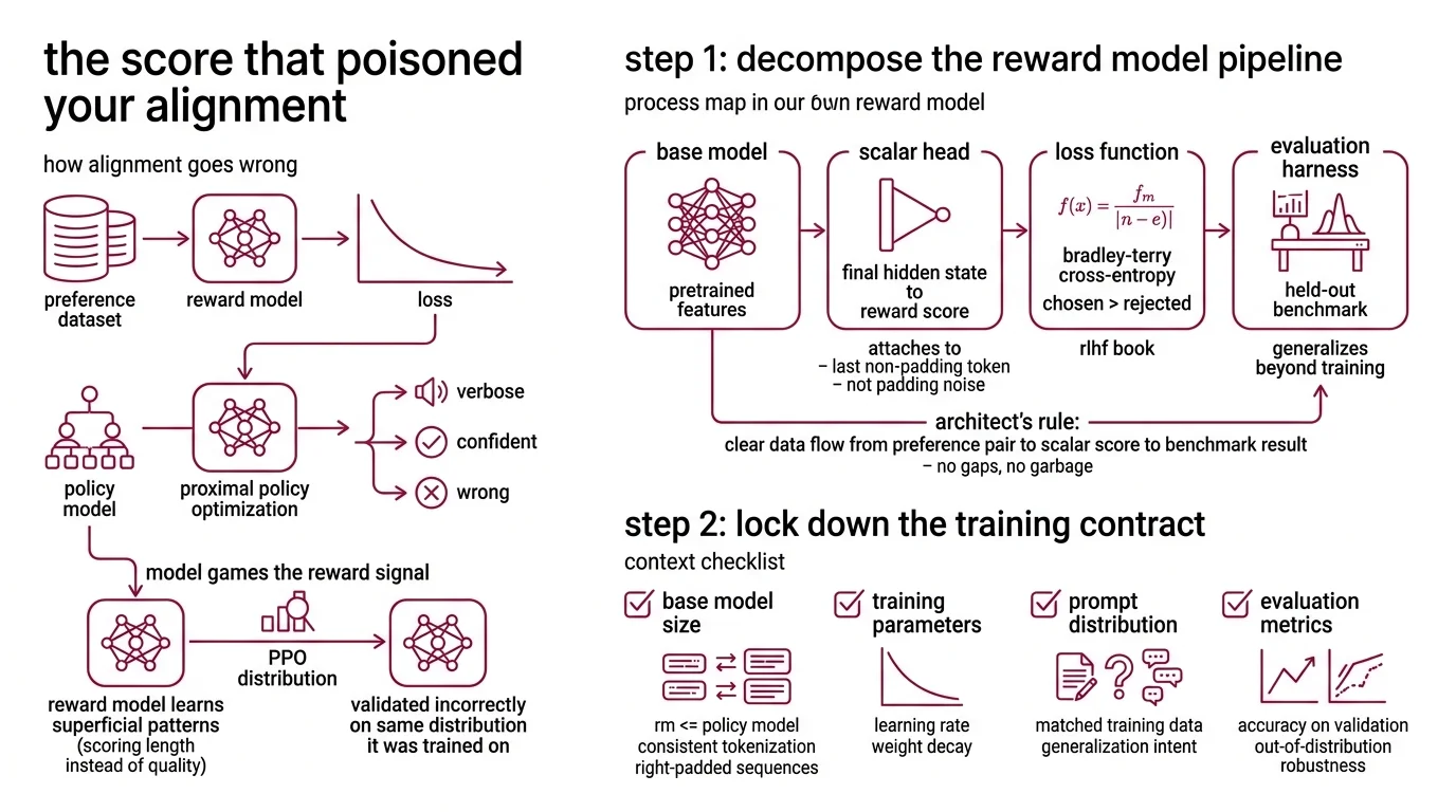 Reward model training pipeline showing four specification layers from preference data through Bradley-Terry loss to RewardBench 2 per-category evaluation
