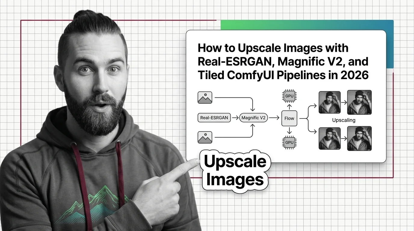 Diagram comparing four 2026 image upscaling pipelines: Real-ESRGAN, Magnific V2, Topaz Gigapixel, and tiled ComfyUI workflows