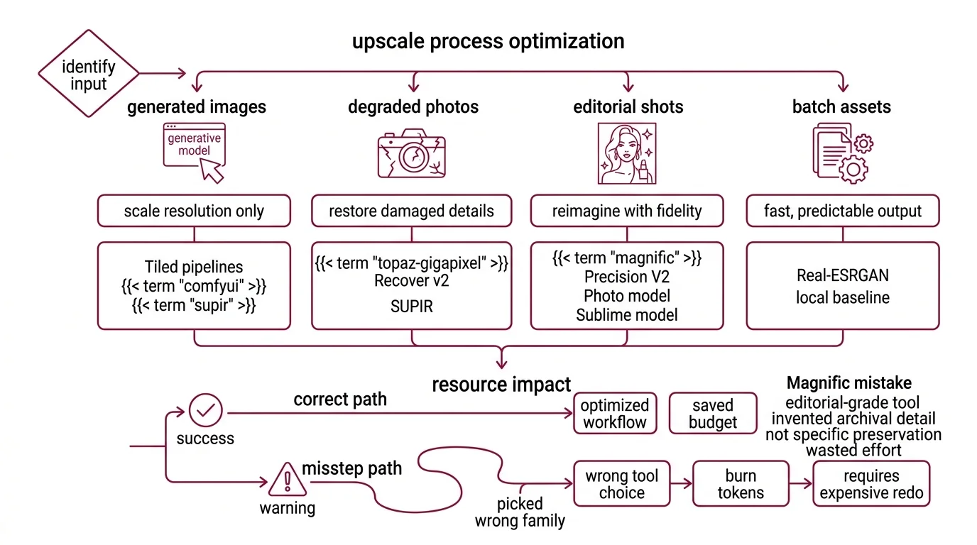 Pipeline diagram mapping four image input classes to upscaler tool families with constraint spec and validation checks
