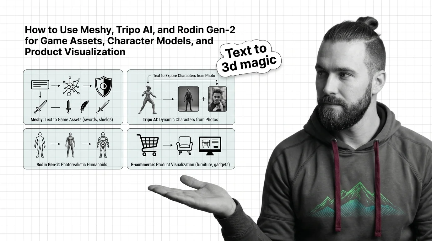3D game character model and product renders generated from text prompts on a dark studio background