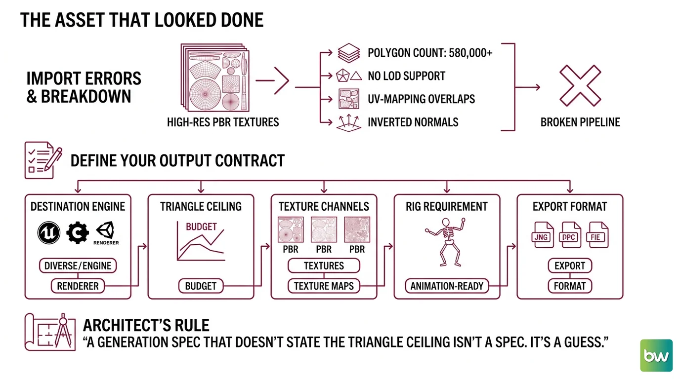 Flowchart showing output contract definition, tool selection by use case (Meshy/Tripo/Rodin), generation sequence, and destination validation checklist