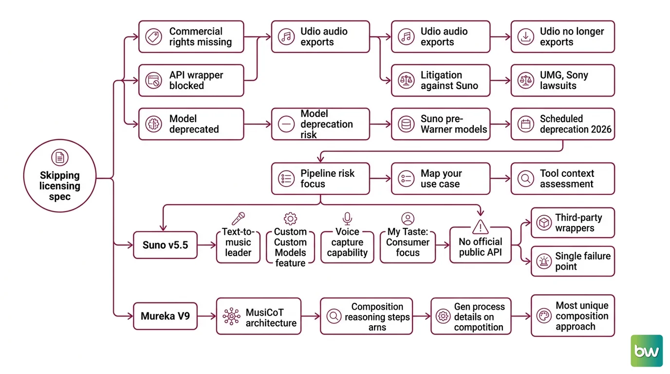 Decision tree for selecting Suno v5.5, Mureka V9, or Google Lyria 3 based on use case, API requirements, and commercial rights