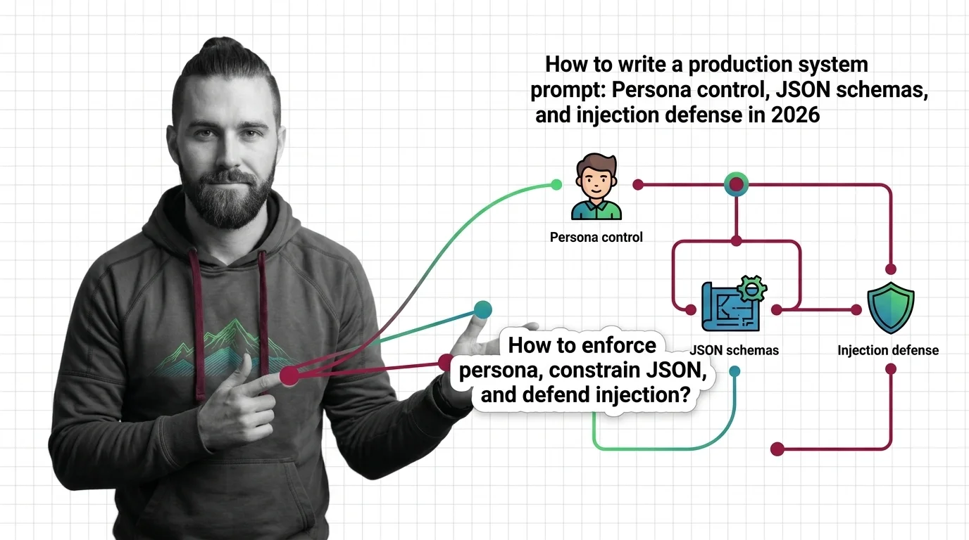 MAX at a high-tech workstation reviewing a four-layer system prompt architecture diagram with defense annotations