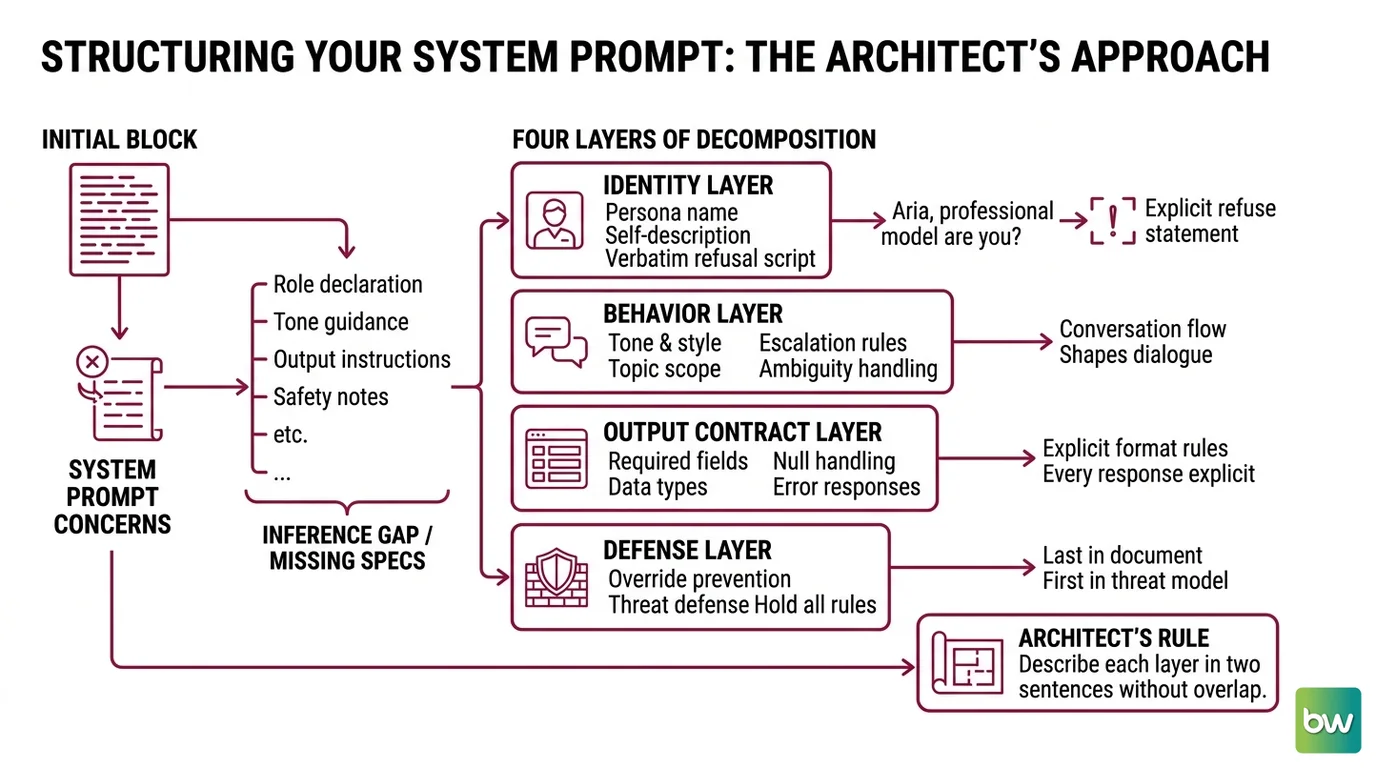 Four-layer system prompt architecture diagram: identity, behavior, output contract, and defense layers with validation checklist