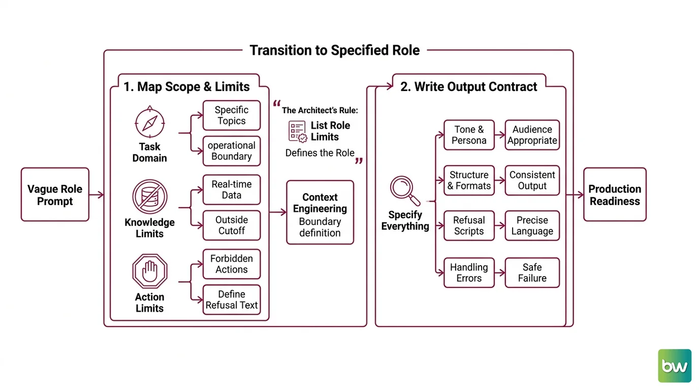 Four-step role prompt spec framework: scope map with in-domain and out-of-scope boundaries, output contract checklist, few-shot XML tag examples, validation matrix with clean and adversarial test cases