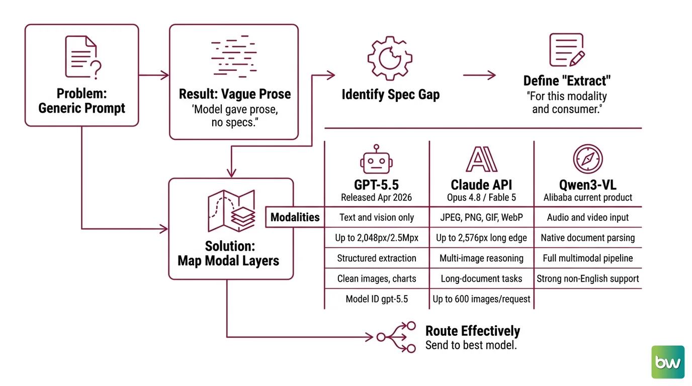 Four-stage cross-modal pipeline: modal routing, structured extraction, grounding verification, schema validation with failure symptom examples per stage