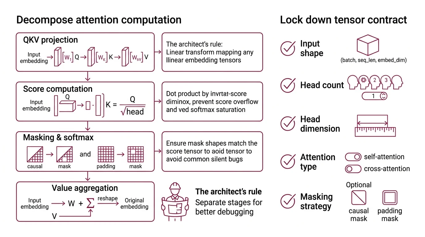 Four-stage attention pipeline diagram showing QKV projection, score computation, masking and softmax, and value aggregation with tensor shape contracts at each boundary