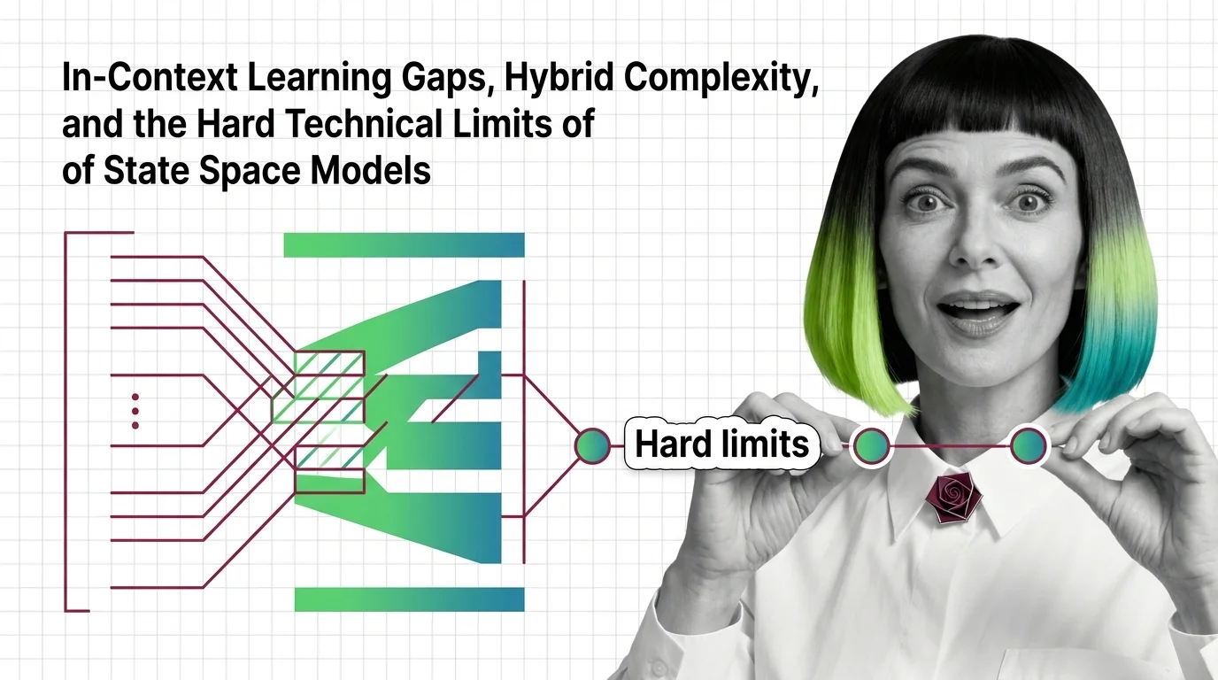 Compressed state vector losing early tokens while a small attention layer recovers recall in a hybrid sequence model