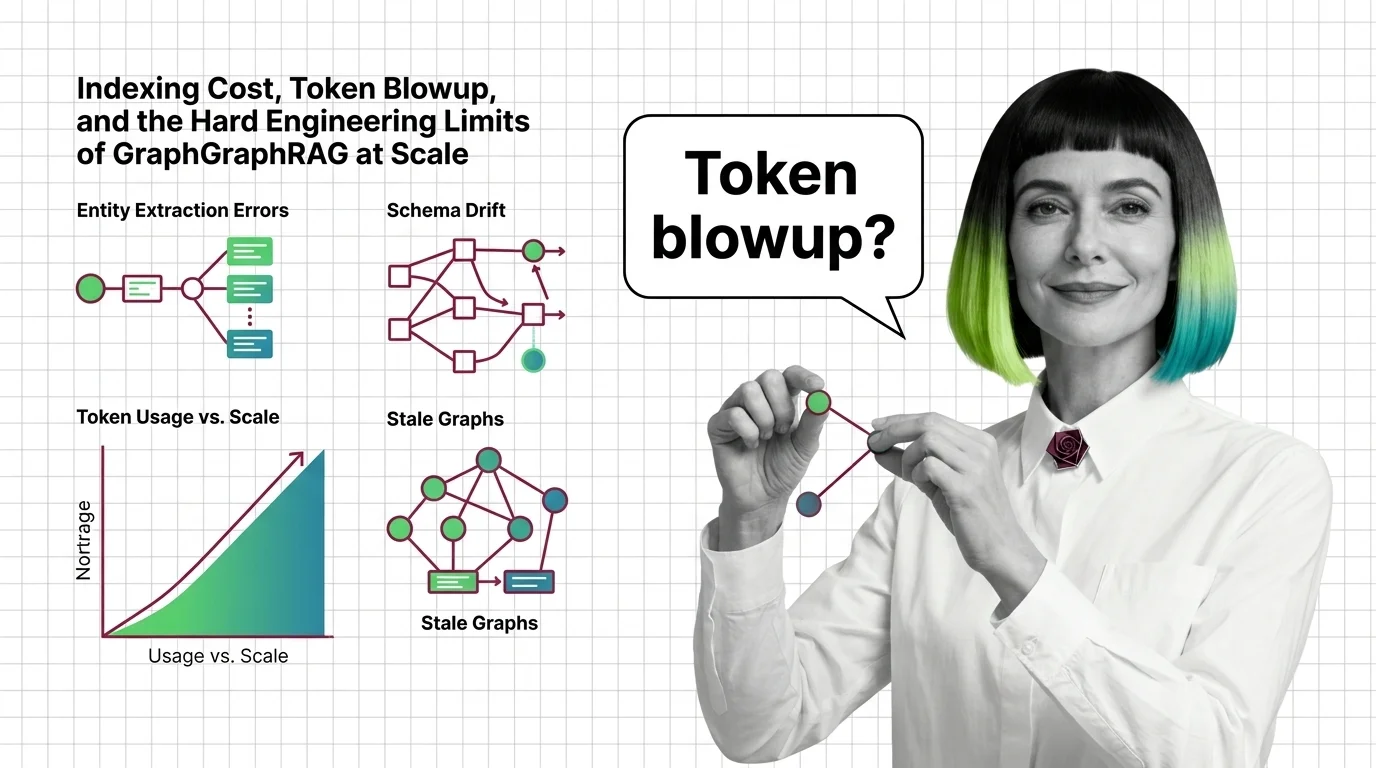 Layered knowledge graph with token cost arrows illustrating GraphRAG indexing recursion and its engineering limits at scale