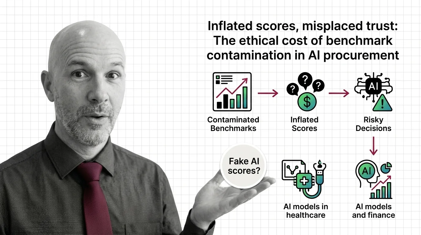 Cracked benchmark leaderboard revealing hollow scores beneath the surface of AI procurement decisions