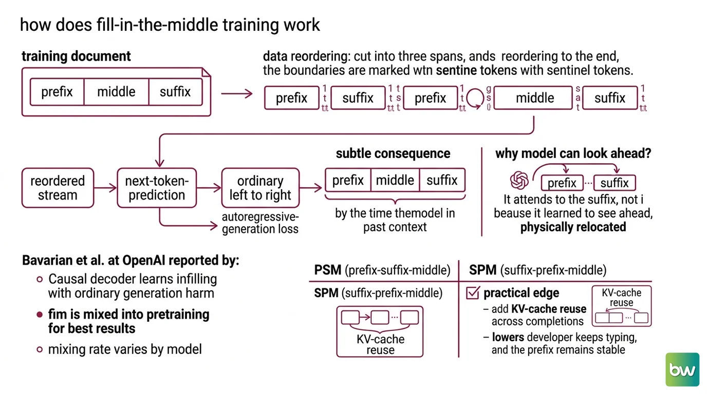 Fill-in-the-middle reordering a code file into prefix, suffix, and middle spans, feeding a decoder that infills the gap