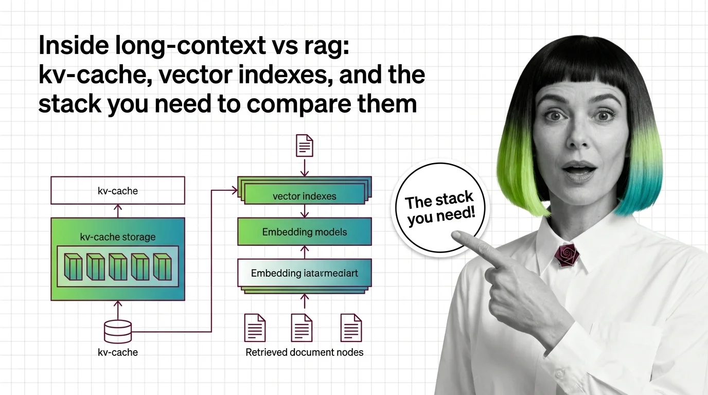 Side-by-side diagram contrasting a long-context KV-cache stack with a RAG vector-index pipeline.