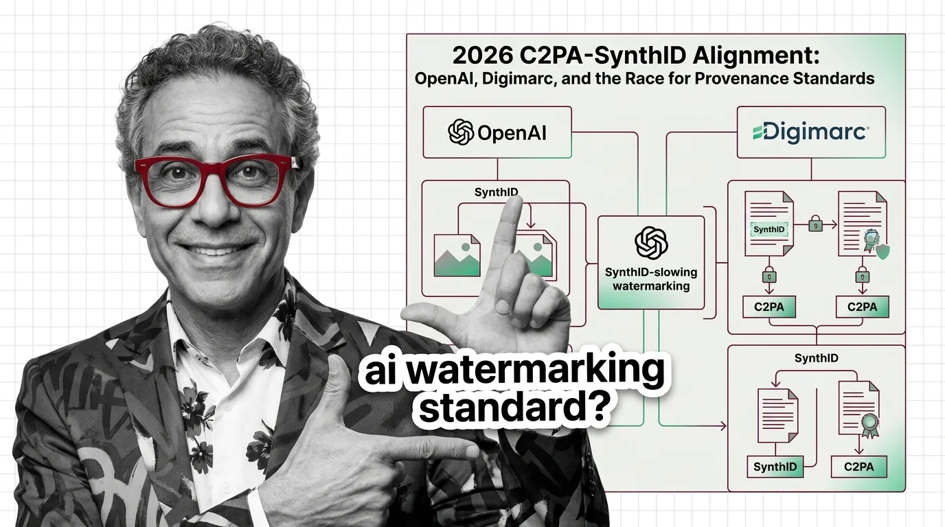 Layered digital signature and watermark icons representing dual-layer AI content provenance verification