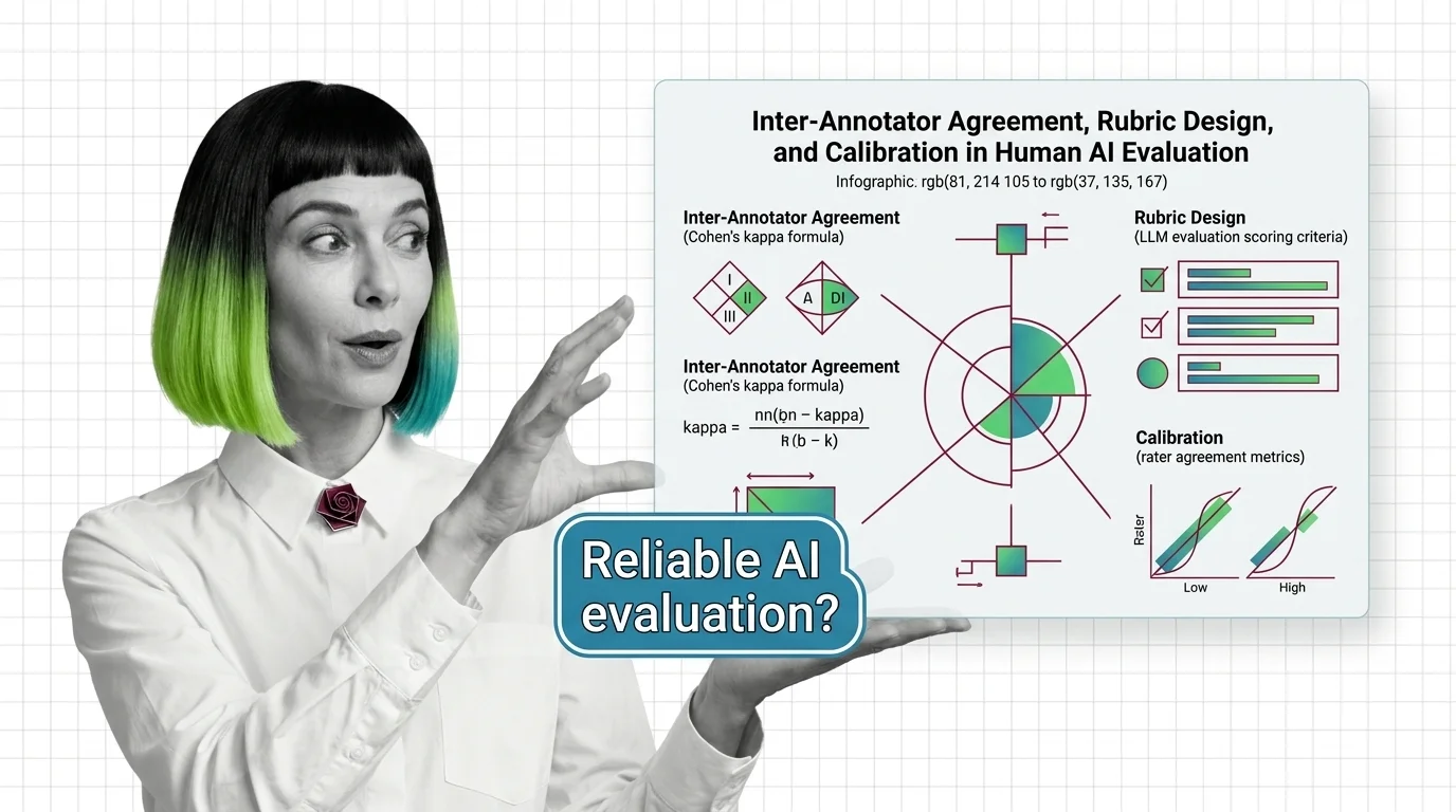 Abstract diagram showing annotator agreement scores converging around a rubric scoring matrix