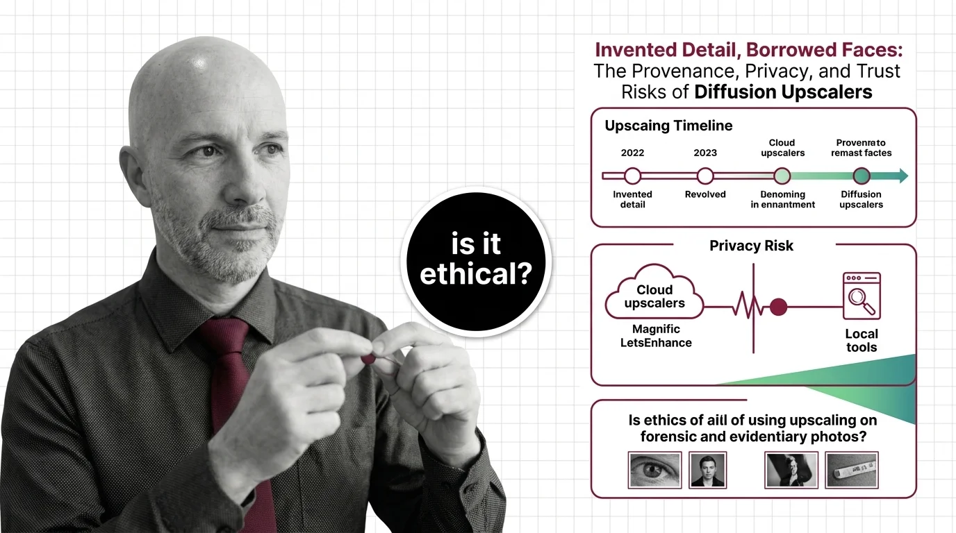 Pixelated face dissolving into invented detail under a cloud-server lens, illustrating diffusion upscaler trust risks