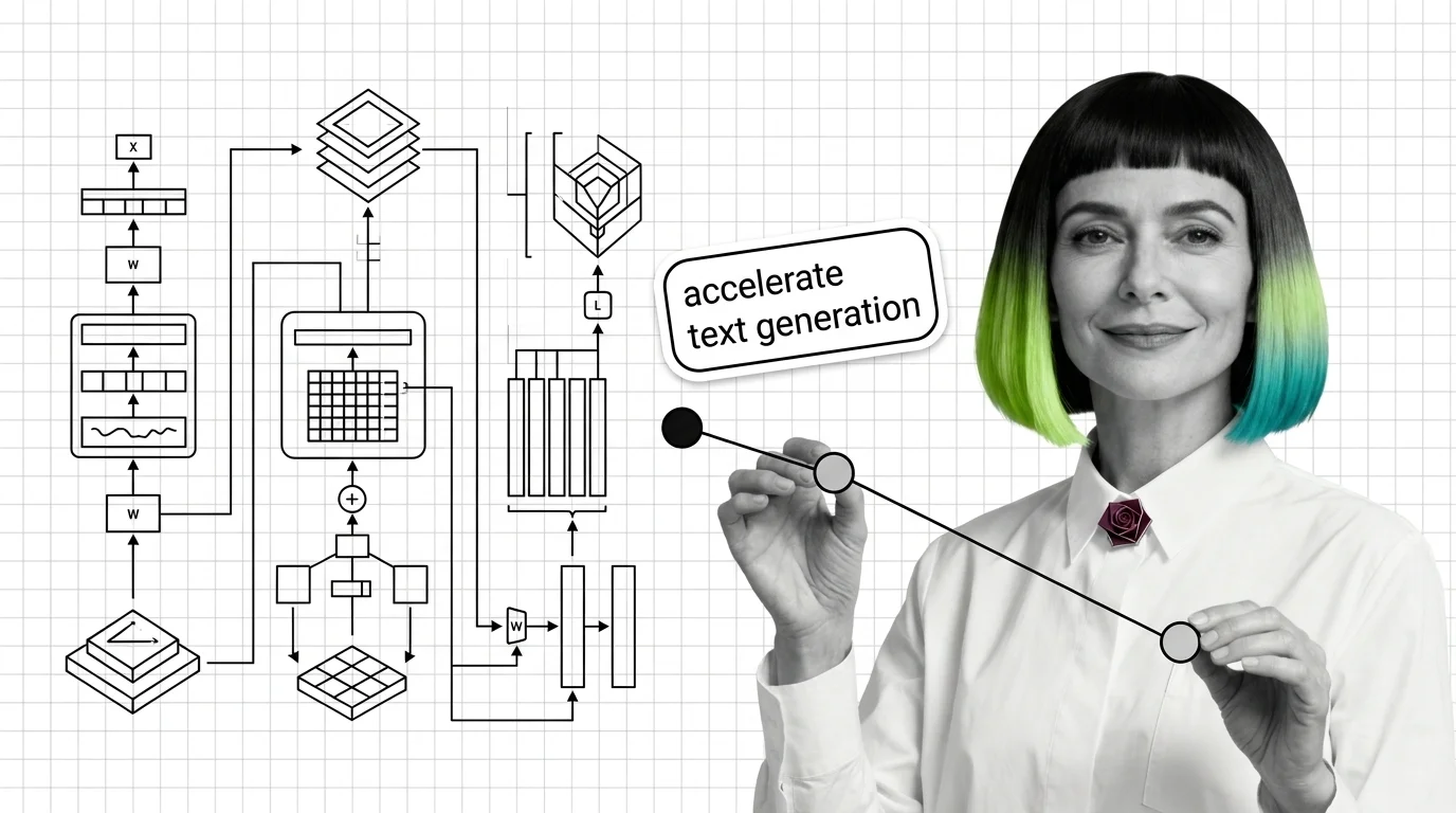 Abstract visualization of memory blocks flowing through a transformer attention layer during token generation