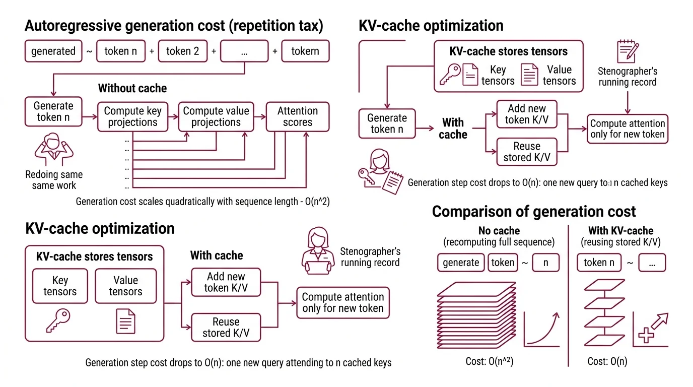 Diagram comparing naive contiguous KV-cache allocation with wasted space versus PagedAttention using paged virtual memory blocks and a block table
