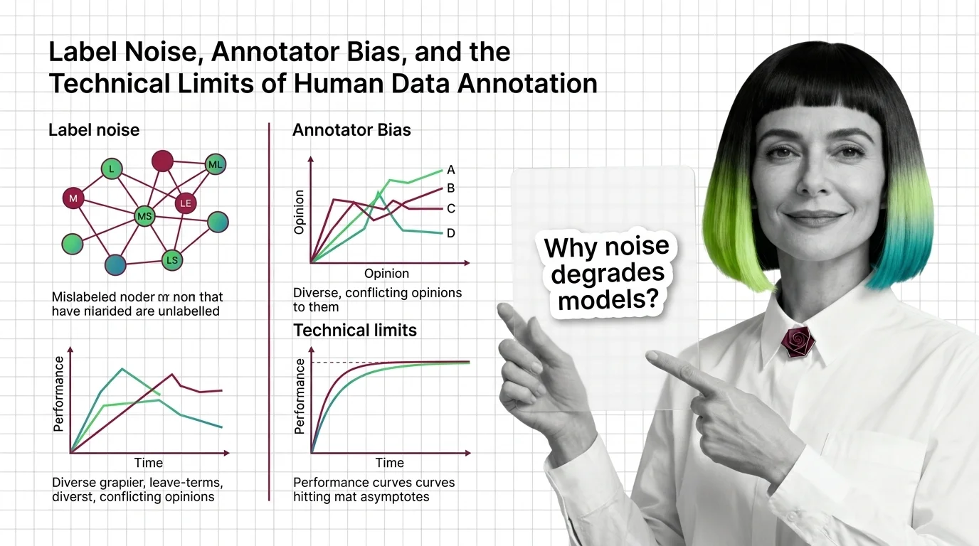Diagram of label noise in training data distorting supervised model accuracy and benchmark leaderboard rankings