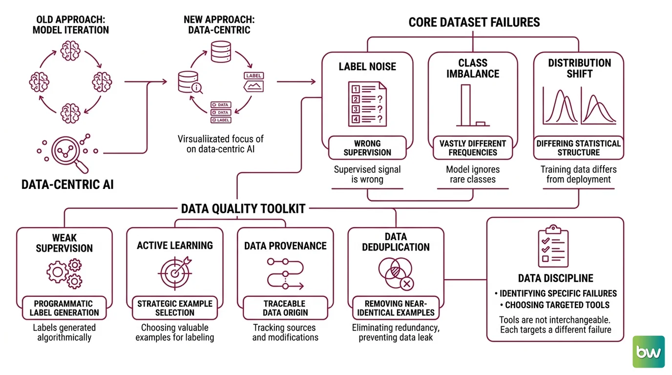 Three panels contrasting label noise as mislabeled points, class imbalance as skewed bars, and distribution shift as a moved cluster in feature space.