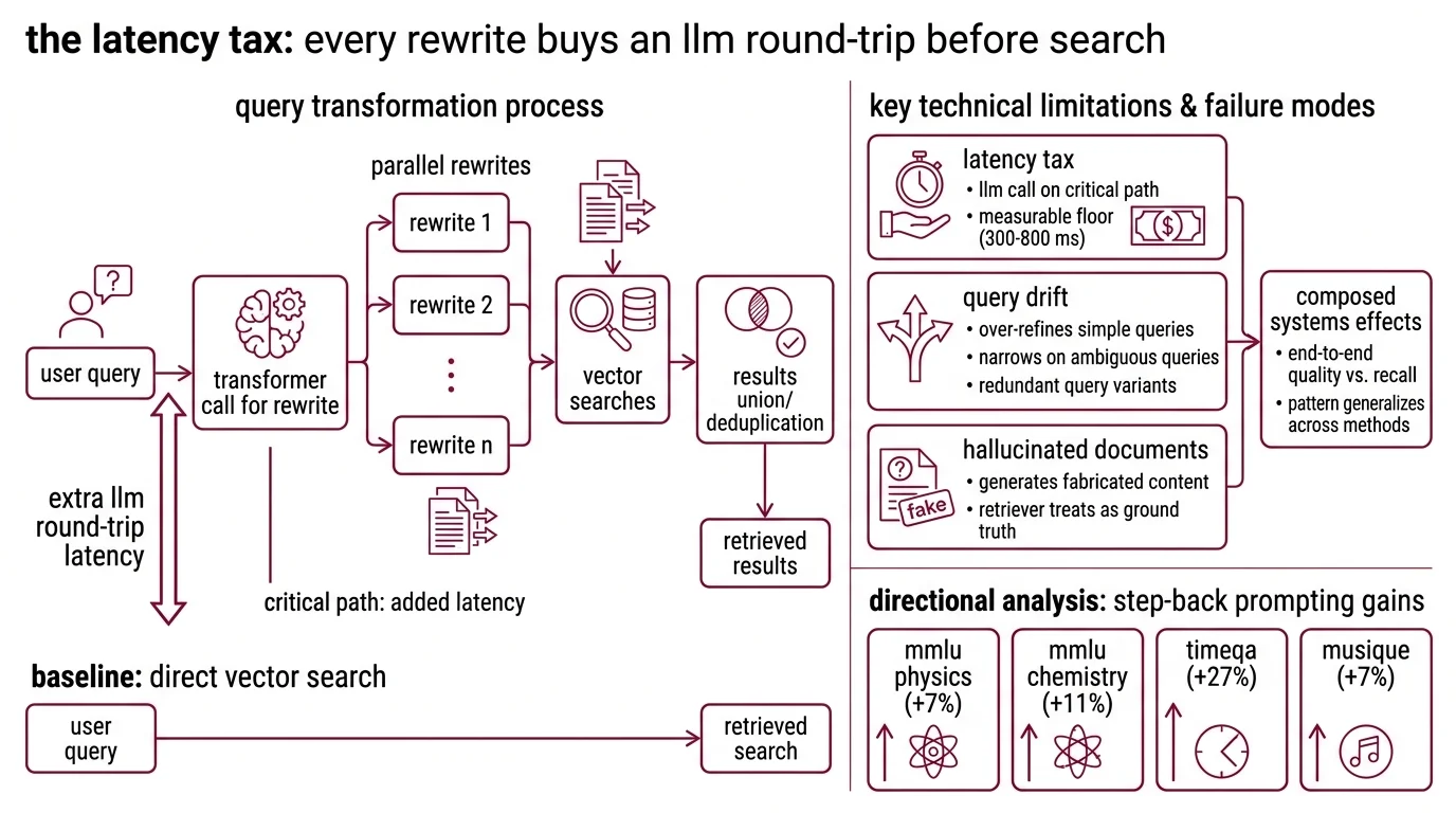 Diagram of the three structural limits of query transformation: a latency tax from at least one LLM call before vector search, query drift from over-refinement on simple queries and ambiguity narrowing on hard ones, and hallucinated documents from HyDE grounding retrieval in fabricated text