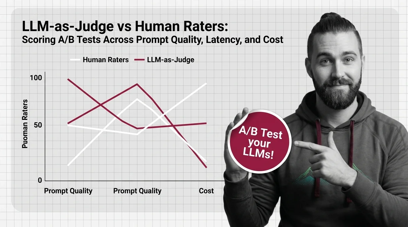 Evaluation pipeline diagram showing LLM A/B test variants scored by an automated quality judge alongside latency and cost