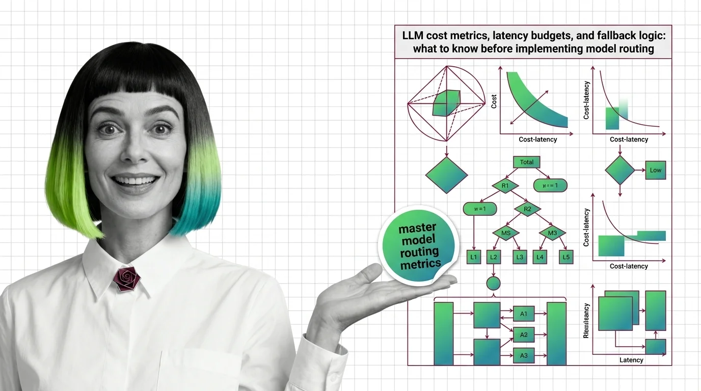 Abstract diagram of LLM routing paths branching by cost tier, latency target, and fallback provider state machine