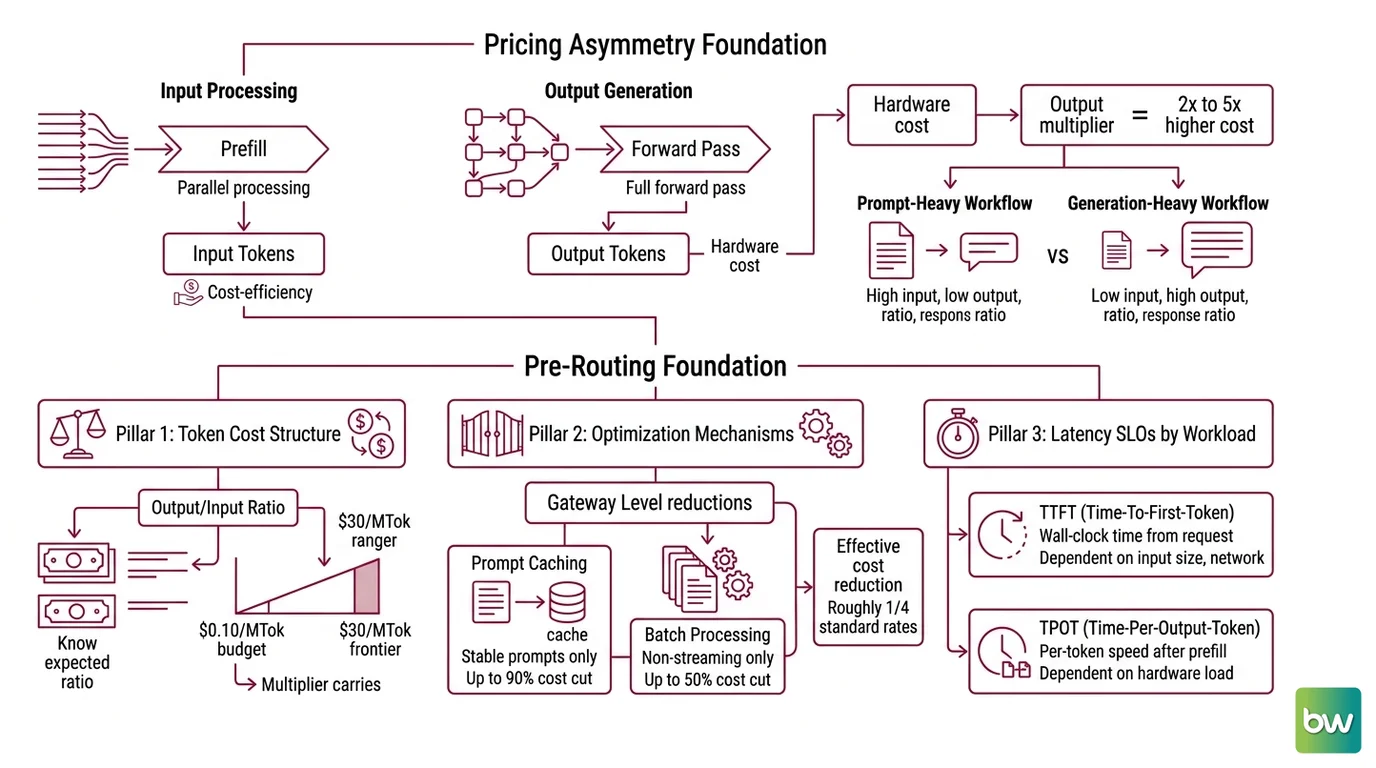 Diagram showing token cost asymmetry between input and output, TTFT latency SLO tiers by workload, and circuit breaker CLOSED-OPEN-HALF-OPEN state transitions