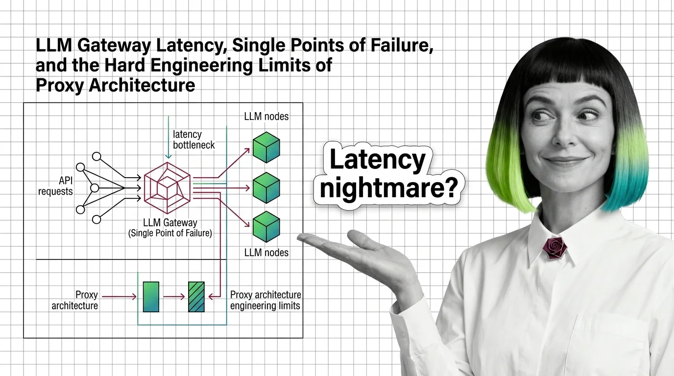 Network proxy architecture diagram showing a gateway intercepting LLM API calls with latency measurement annotations
