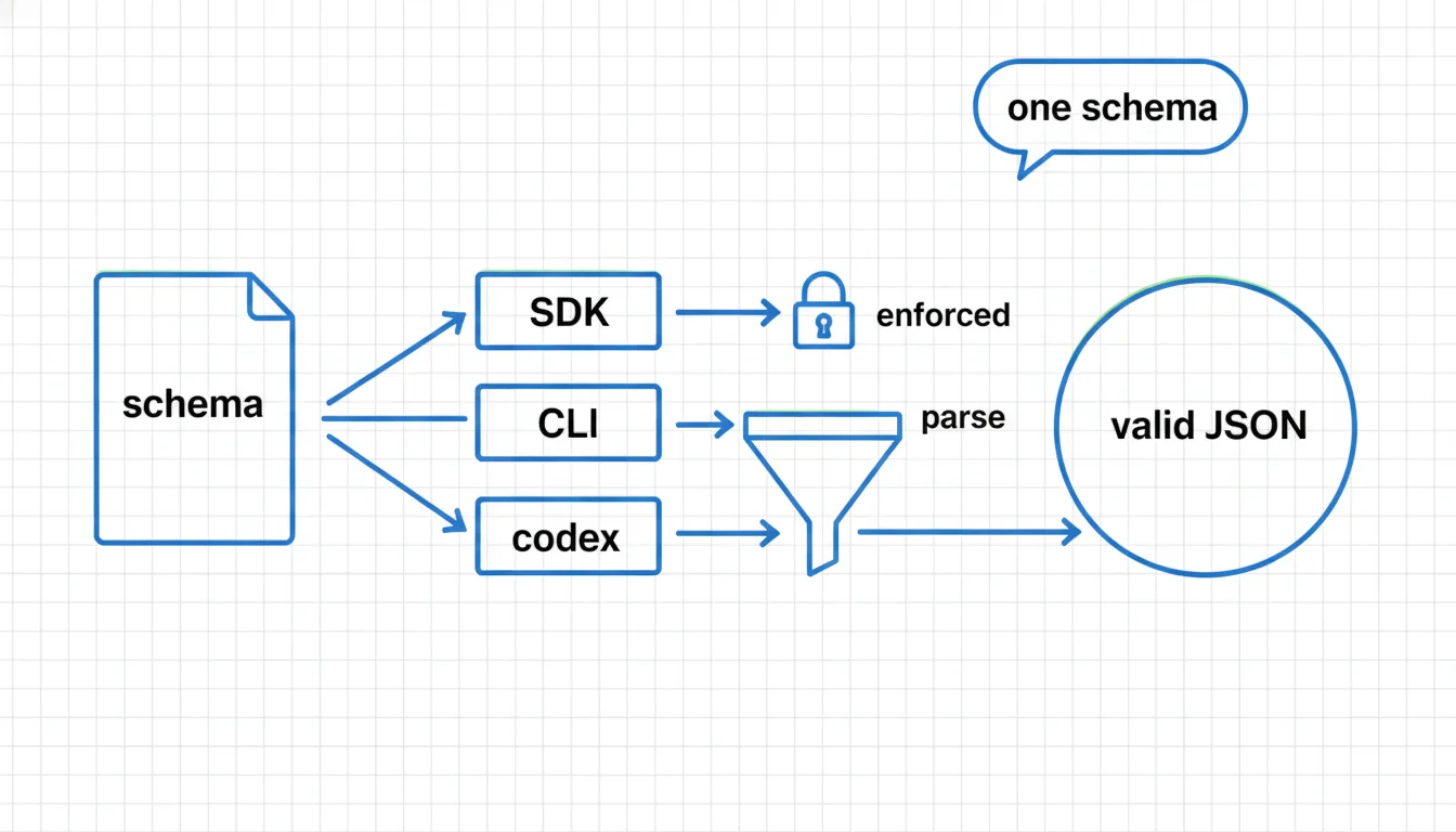 Line-art schematic: one JSON schema document feeding three AI backends — SDK, CLI, and codex; the SDK path carries an enforced padlock, the CLI and codex paths converge into a parse funnel ending in valid JSON