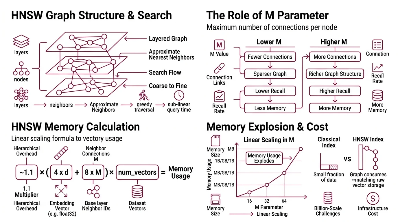 Diagram comparing HNSW memory scaling with PQ recall degradation across increasing dataset dimensionality and scale