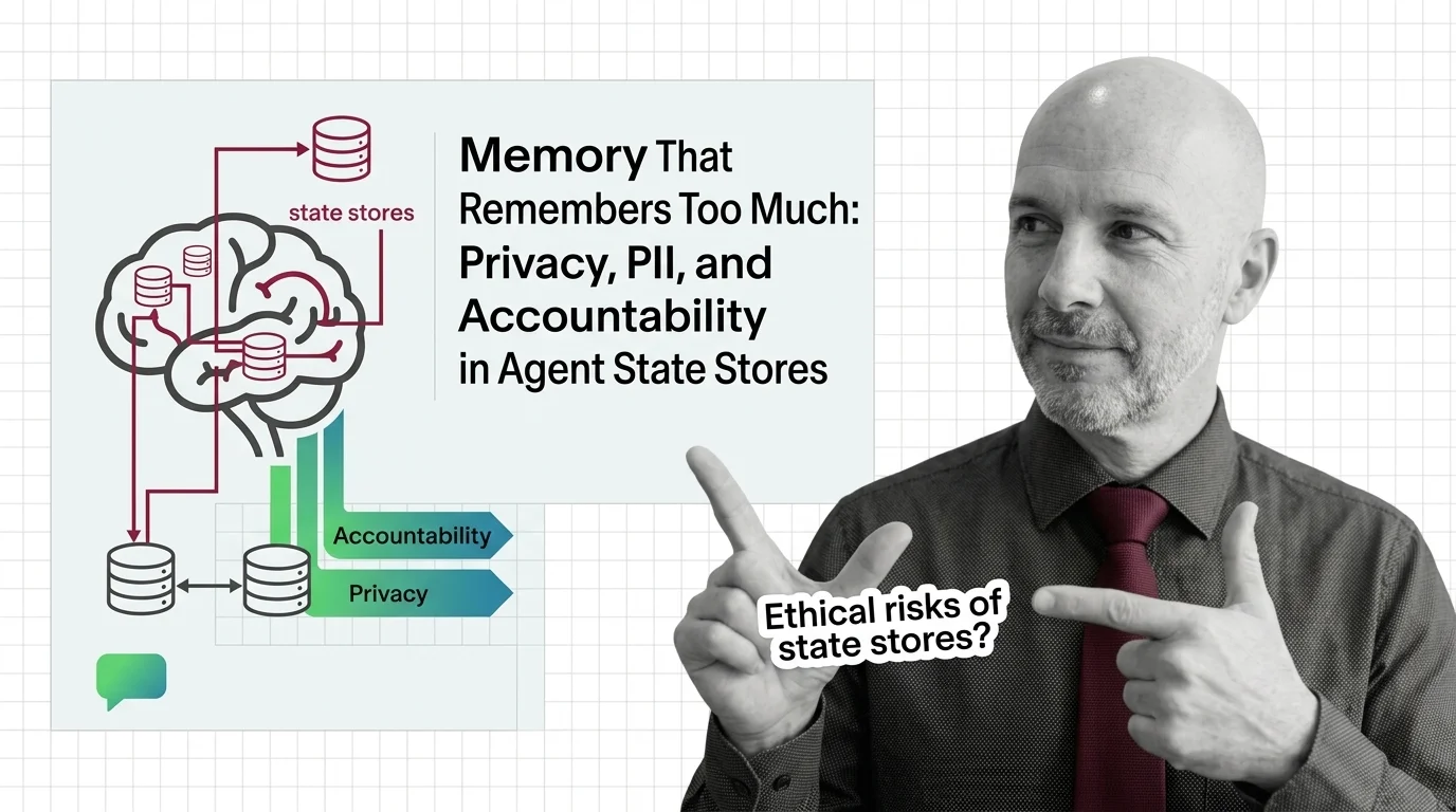 Illustration of an agent memory store as a courtroom record — surfacing the tension between persistent state and the right to be forgotten.