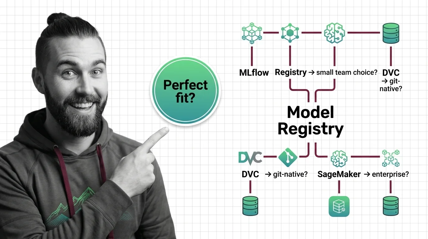 Decision matrix showing MLflow, W&B, SageMaker, and DVC model registry options mapped to team size and stack